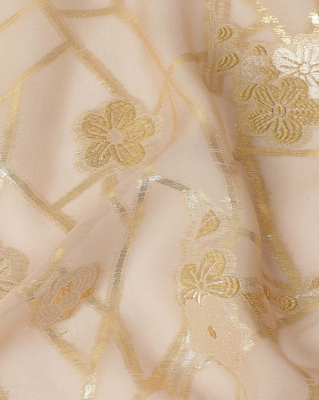 Nude Beige Gold Floral Geometric Metallic Lurex Silk Chiffon Fabric 110 Cms Wide, Made in South Korea-D27543