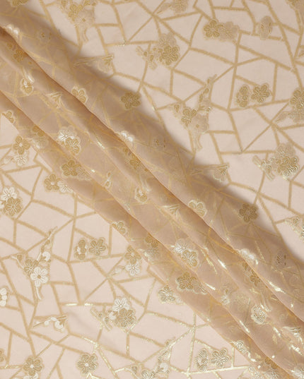 Nude Beige Gold Floral Geometric Metallic Lurex Silk Chiffon Fabric 110 Cms Wide, Made in South Korea-D27543