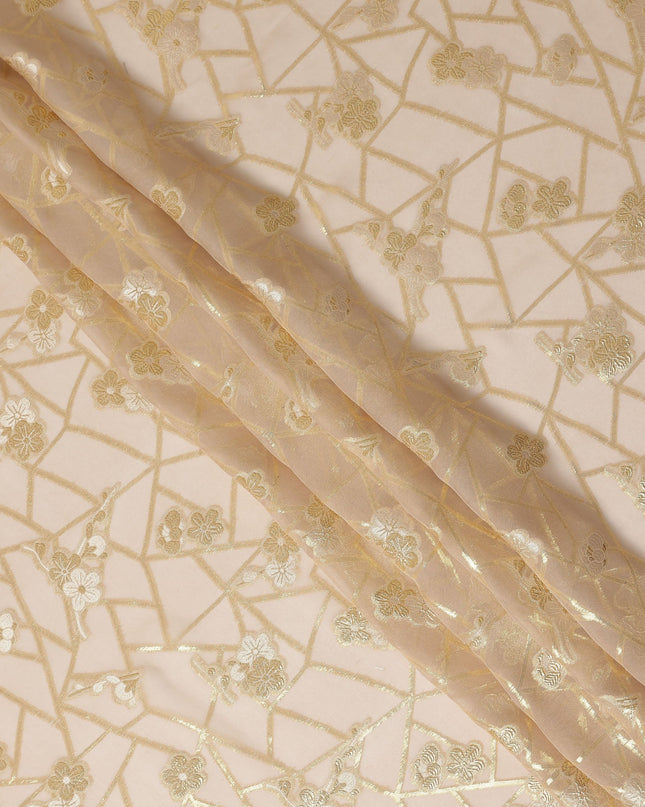 Nude Beige Gold Floral Geometric Metallic Lurex Silk Chiffon Fabric 110 Cms Wide, Made in South Korea-D27543