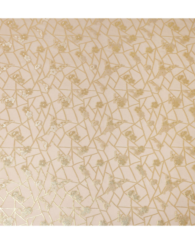 Nude Beige Gold Floral Geometric Metallic Lurex Silk Chiffon Fabric 110 Cms Wide, Made in South Korea-D27543