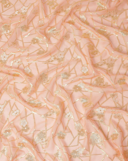 Peach Blush Gold Floral Geometric Metallic Lurex Silk Chiffon Fabric 110 Cms Wide, Made in South Korea-D27545