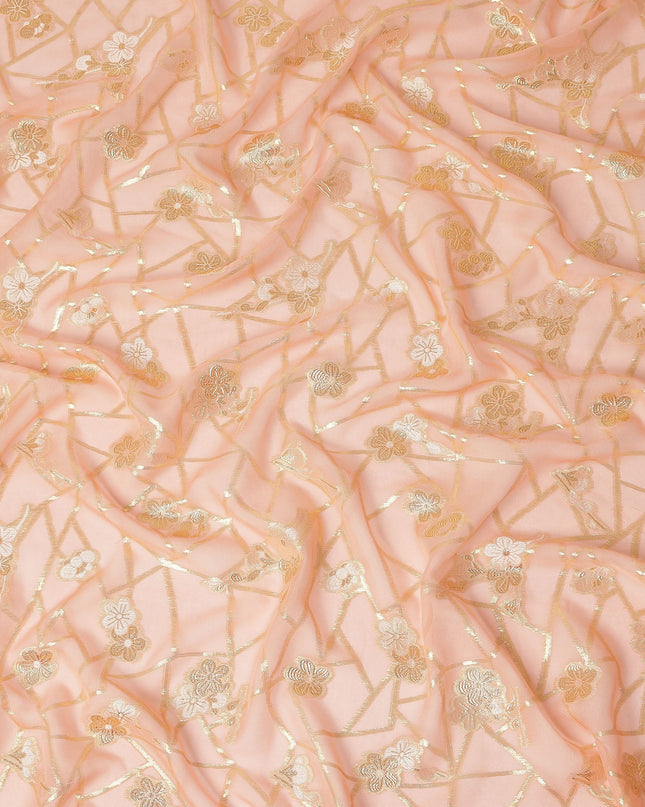Peach Blush Gold Floral Geometric Metallic Lurex Silk Chiffon Fabric 110 Cms Wide, Made in South Korea-D27545