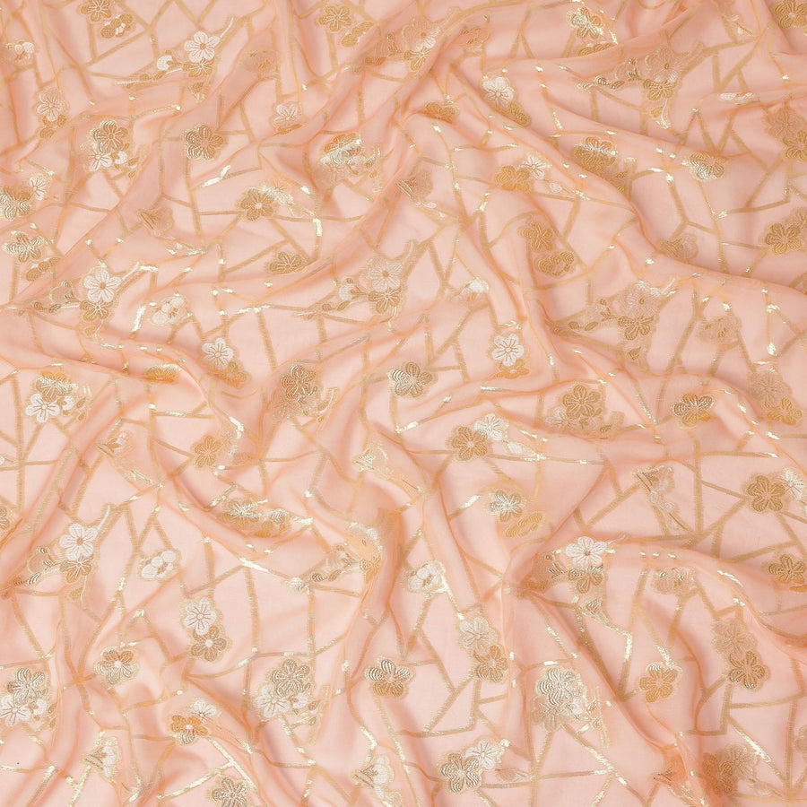 Peach Blush Gold Floral Geometric Metallic Lurex Silk Chiffon Fabric 110 Cms Wide, Made in South Korea-D27545
