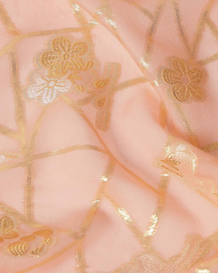 Peach Blush Gold Floral Geometric Metallic Lurex Silk Chiffon Fabric 110 Cms Wide, Made in South Korea-D27545