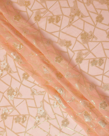 Peach Blush Gold Floral Geometric Metallic Lurex Silk Chiffon Fabric 110 Cms Wide, Made in South Korea-D27545