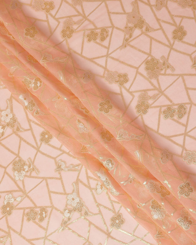 Peach Blush Gold Floral Geometric Metallic Lurex Silk Chiffon Fabric 110 Cms Wide, Made in South Korea-D27545