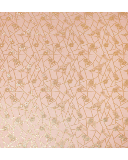 Peach Blush Gold Floral Geometric Metallic Lurex Silk Chiffon Fabric 110 Cms Wide, Made in South Korea-D27545