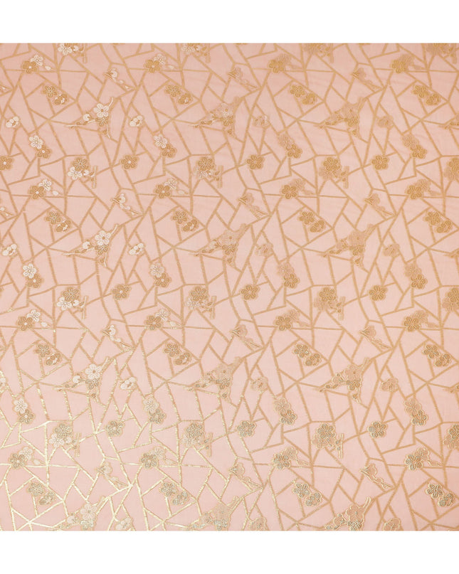 Peach Blush Gold Floral Geometric Metallic Lurex Silk Chiffon Fabric 110 Cms Wide, Made in South Korea-D27545