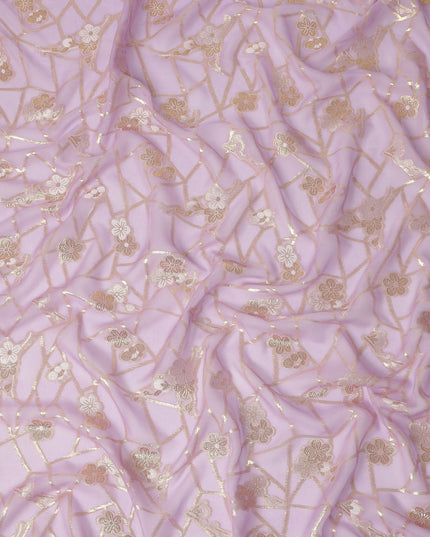 Lavender Lilac Gold Floral Geometric Metallic Lurex Silk Chiffon Fabric 110 Cms South Korea Origin-D27547