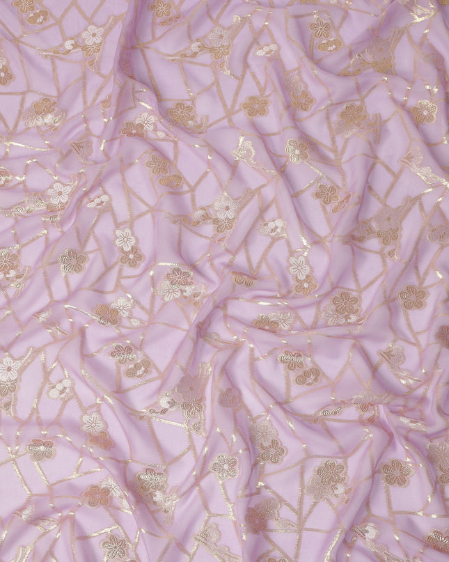 Lavender Lilac Gold Floral Geometric Metallic Lurex Silk Chiffon Fabric 110 Cms South Korea Origin-D27547