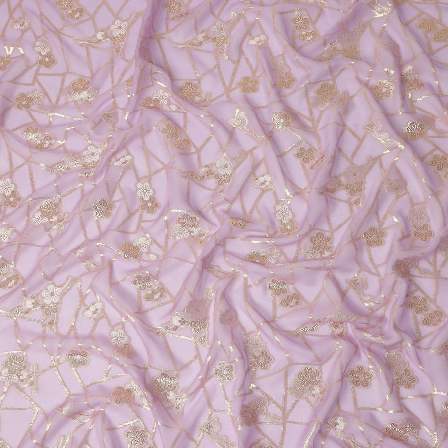 Lavender Lilac Gold Floral Geometric Metallic Lurex Silk Chiffon Fabric 110 Cms South Korea Origin-D27547