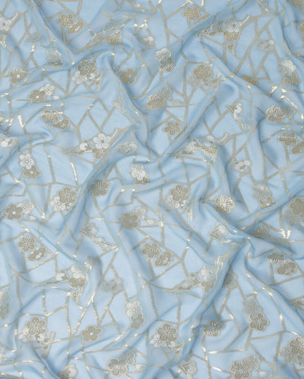 Light Blue Gold Floral Geometric Metallic Lurex Silk Chiffon Fabric 110 Cms Wide, Made in South Korea-D27544