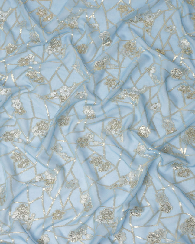 Light Blue Gold Floral Geometric Metallic Lurex Silk Chiffon Fabric 110 Cms Wide, Made in South Korea-D27544