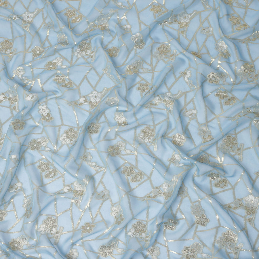 Light Blue Gold Floral Geometric Metallic Lurex Silk Chiffon Fabric 110 Cms Wide, Made in South Korea-D27544