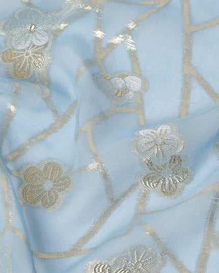 Light Blue Gold Floral Geometric Metallic Lurex Silk Chiffon Fabric 110 Cms Wide, Made in South Korea-D27544