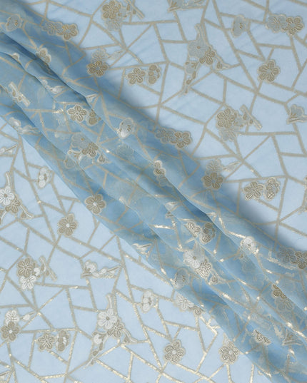 Light Blue Gold Floral Geometric Metallic Lurex Silk Chiffon Fabric 110 Cms Wide, Made in South Korea-D27544