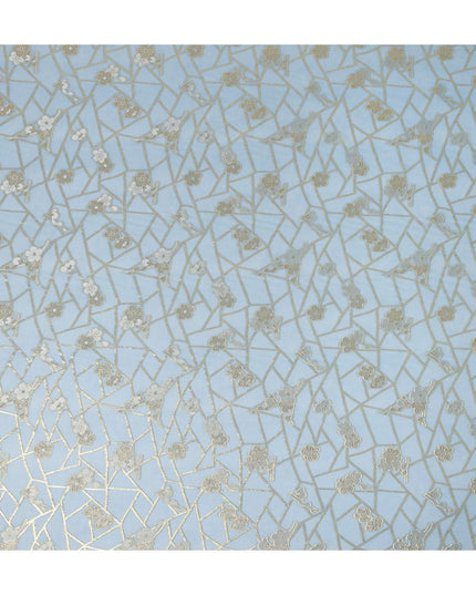 Light Blue Gold Floral Geometric Metallic Lurex Silk Chiffon Fabric 110 Cms Wide, Made in South Korea-D27544