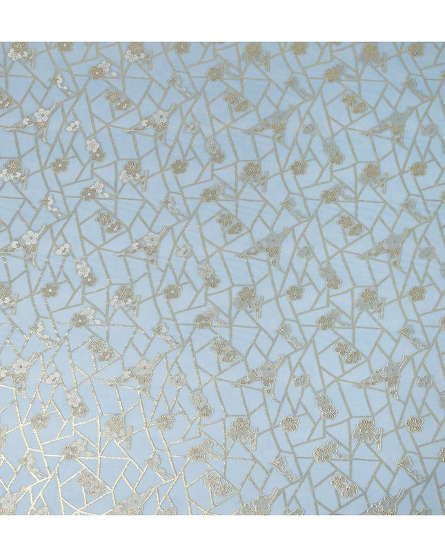 Light Blue Gold Floral Geometric Metallic Lurex Silk Chiffon Fabric 110 Cms Wide, Made in South Korea-D27544