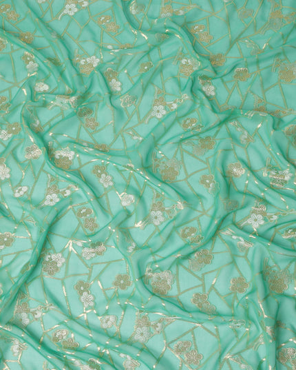 Mint Green Gold Floral Geometric Metallic Lurex Silk Chiffon Fabric 110 Cms Wide, Made in South Korea-D27542