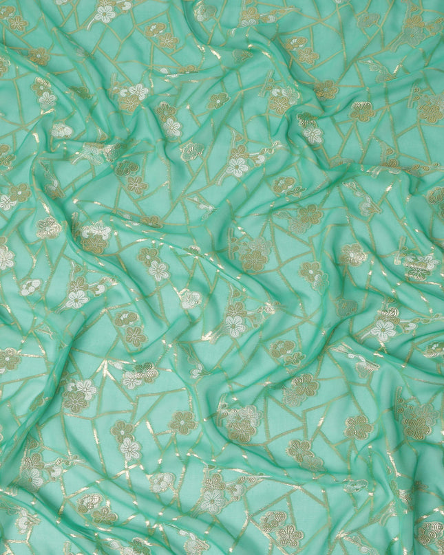 Mint Green Gold Floral Geometric Metallic Lurex Silk Chiffon Fabric 110 Cms Wide, Made in South Korea-D27542