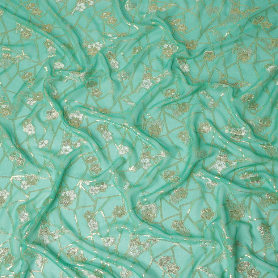 Mint Green Gold Floral Geometric Metallic Lurex Silk Chiffon Fabric 110 Cms Wide, Made in South Korea-D27542