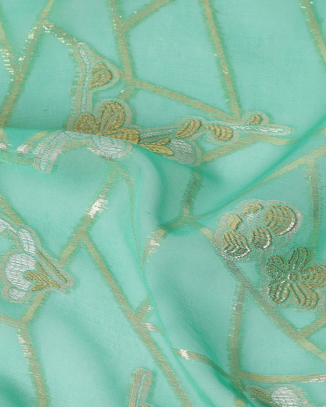 Mint Green Gold Floral Geometric Metallic Lurex Silk Chiffon Fabric 110 Cms Wide, Made in South Korea-D27542
