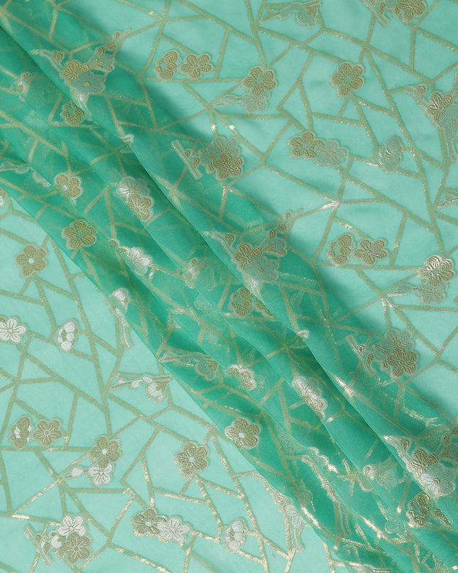 Mint Green Gold Floral Geometric Metallic Lurex Silk Chiffon Fabric 110 Cms Wide, Made in South Korea-D27542