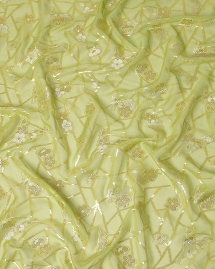 Pistachio Green Gold Floral Geometric Metallic Lurex Silk Chiffon Fabric 110 Cms South Korea Origin-D27546