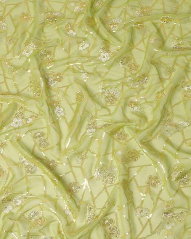 Pistachio Green Gold Floral Geometric Metallic Lurex Silk Chiffon Fabric 110 Cms South Korea Origin-D27546