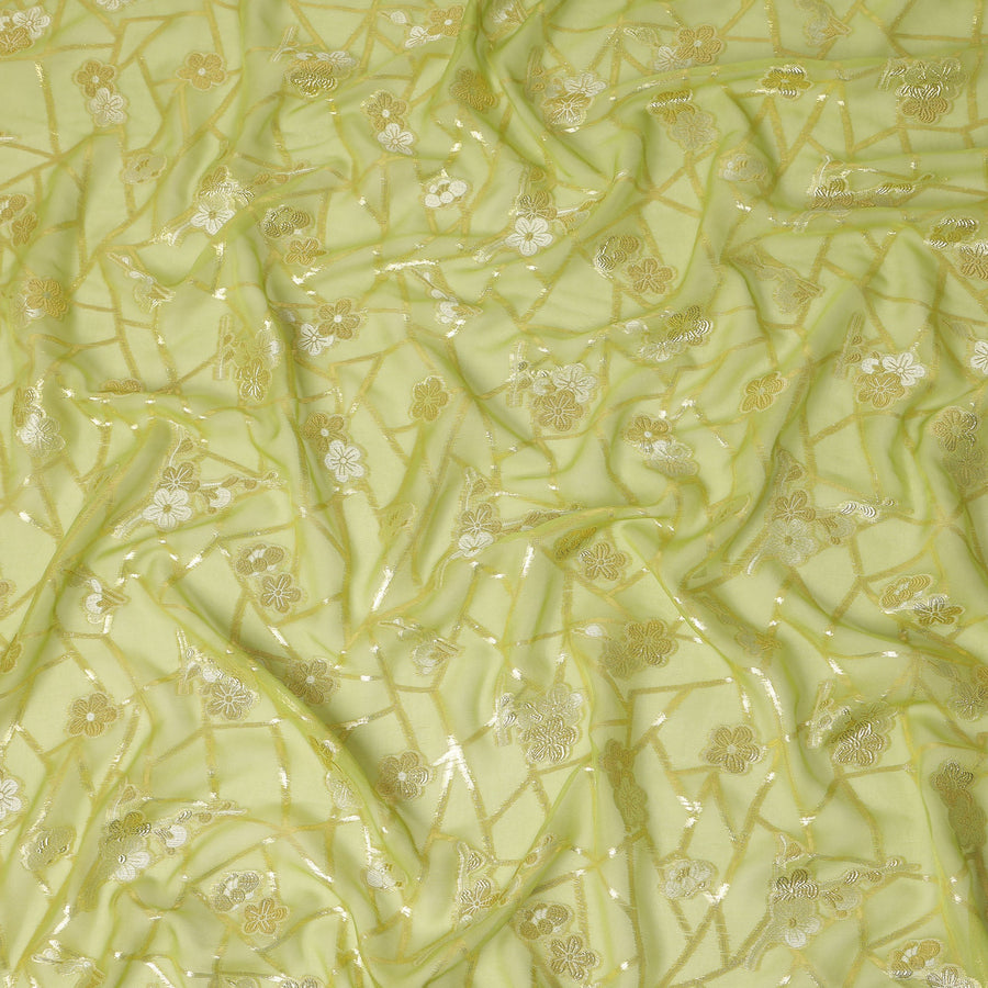 Pistachio Green Gold Floral Geometric Metallic Lurex Silk Chiffon Fabric 110 Cms South Korea Origin-D27546