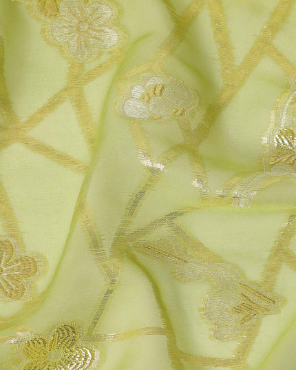 Pistachio Green Gold Floral Geometric Metallic Lurex Silk Chiffon Fabric 110 Cms South Korea Origin-D27546
