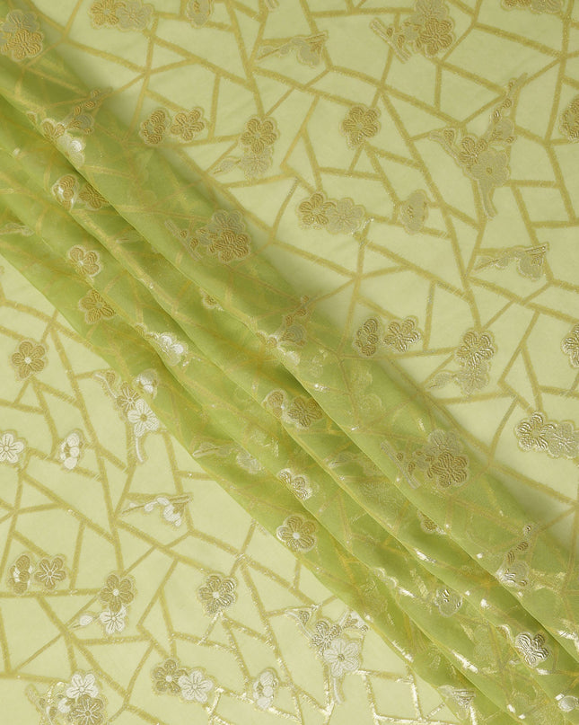 Pistachio Green Gold Floral Geometric Metallic Lurex Silk Chiffon Fabric 110 Cms South Korea Origin-D27546