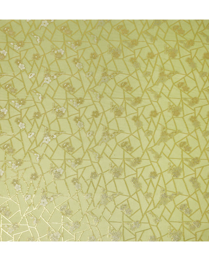 Pistachio Green Gold Floral Geometric Metallic Lurex Silk Chiffon Fabric 110 Cms South Korea Origin-D27546