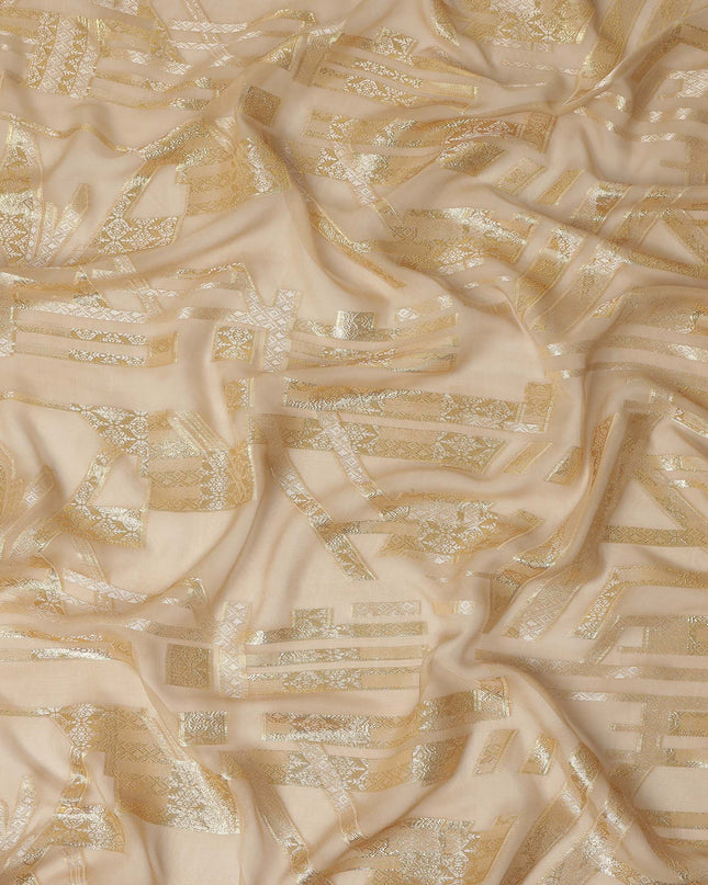 Champagne Beige Gold Abstract Geometric Metallic Lurex Silk Chiffon Fabric 110 Cms Wide, Made in South Korea-D27529
