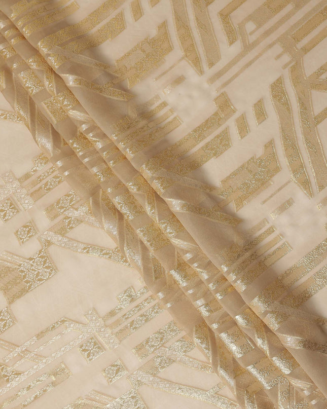 Champagne Beige Gold Abstract Geometric Metallic Lurex Silk Chiffon Fabric 110 Cms Wide, Made in South Korea-D27529