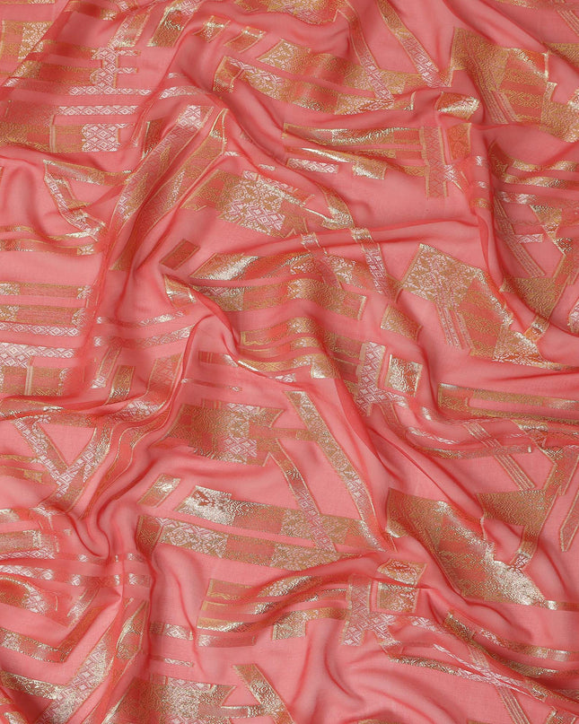 Coral Red Gold Abstract Geometric Metallic Lurex Silk Chiffon Fabric 110 Cms Wide, Made in South Korea-D27525