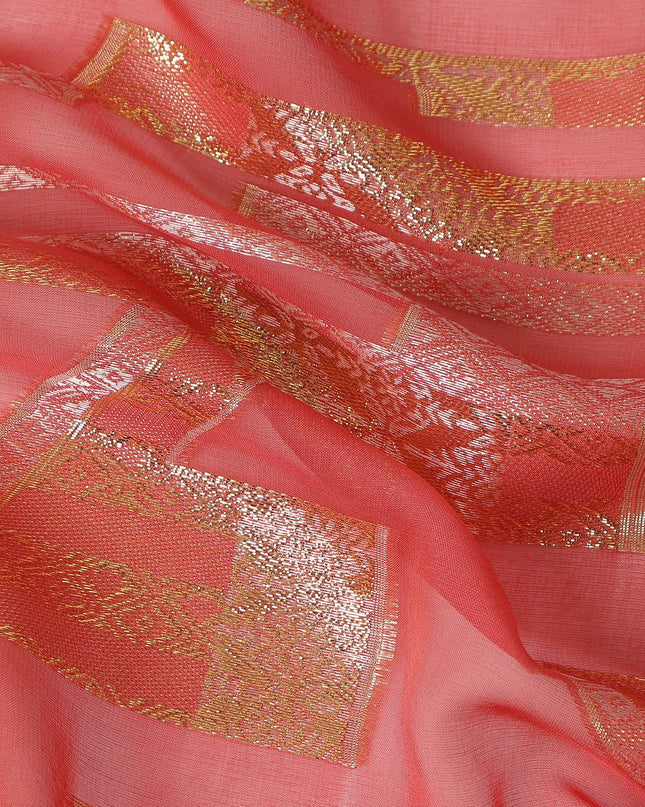 Coral Red Gold Abstract Geometric Metallic Lurex Silk Chiffon Fabric 110 Cms Wide, Made in South Korea-D27525