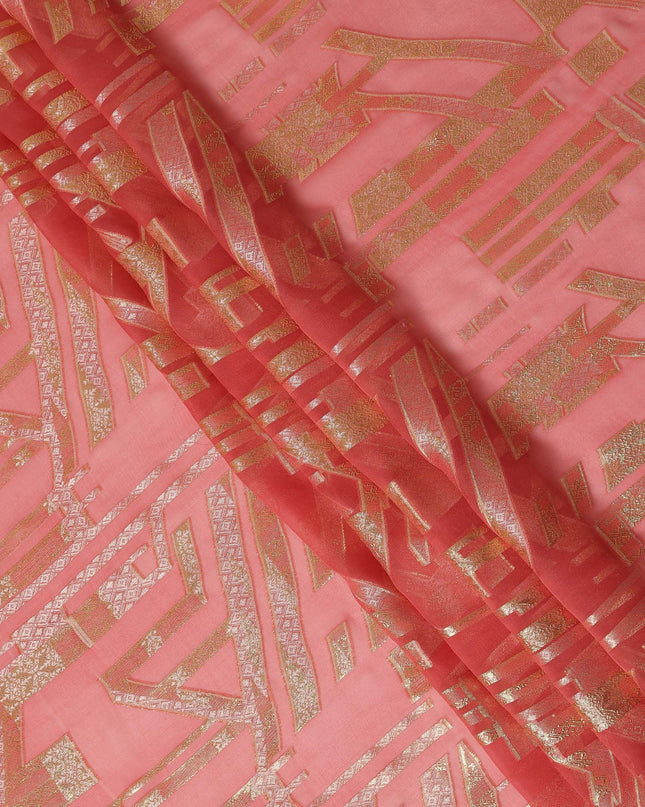 Coral Red Gold Abstract Geometric Metallic Lurex Silk Chiffon Fabric 110 Cms Wide, Made in South Korea-D27525