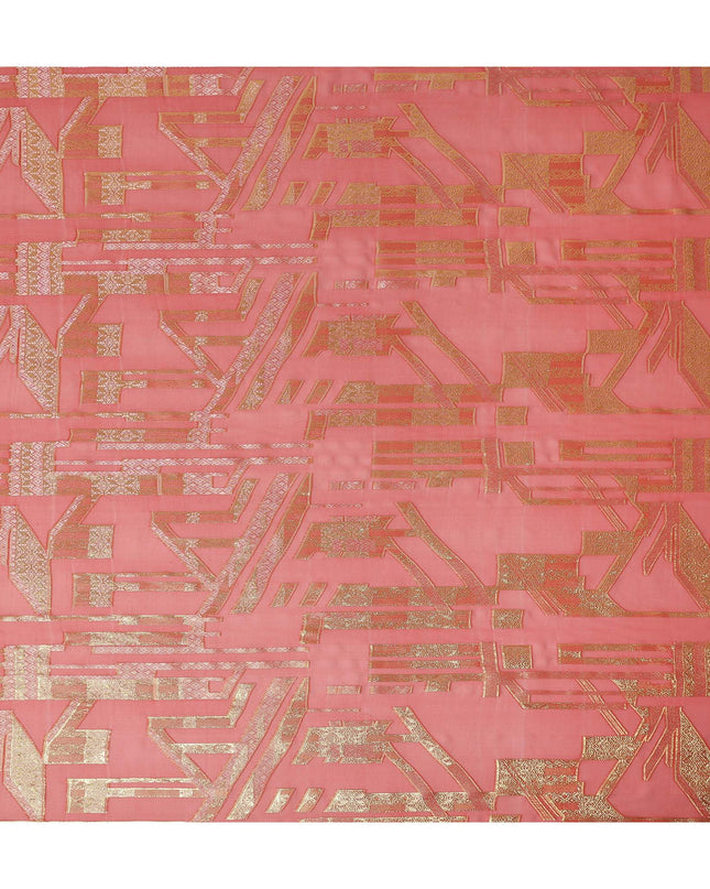 Coral Red Gold Abstract Geometric Metallic Lurex Silk Chiffon Fabric 110 Cms Wide, Made in South Korea-D27525