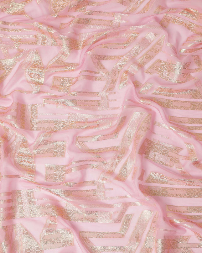 Blush Pink Gold Abstract Geometric Metallic Lurex Silk Chiffon Fabric 110 Cms Wide, Made in South Korea-D27526