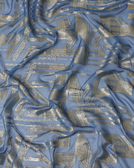 Dusty Blue Silver Gold Abstract Geometric Metallic Lurex Silk Chiffon Fabric 110 Cms Wide, Made in South Korea-D27528 - Regal Fabrics