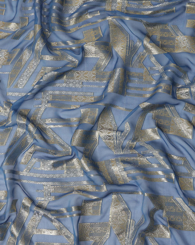 Dusty Blue Silver Gold Abstract Geometric Metallic Lurex Silk Chiffon Fabric 110 Cms Wide, Made in South Korea-D27528