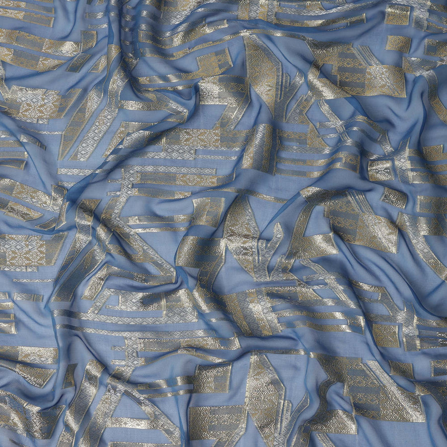 Dusty Blue Silver Gold Abstract Geometric Metallic Lurex Silk Chiffon Fabric 110 Cms Wide, Made in South Korea-D27528 - Regal Fabrics