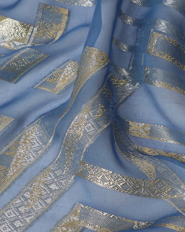 Dusty Blue Silver Gold Abstract Geometric Metallic Lurex Silk Chiffon Fabric 110 Cms Wide, Made in South Korea-D27528