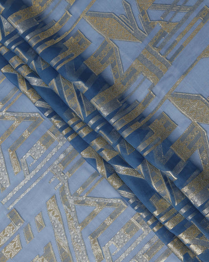Dusty Blue Silver Gold Abstract Geometric Metallic Lurex Silk Chiffon Fabric 110 Cms Wide, Made in South Korea-D27528 - Regal Fabrics