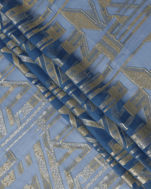 Dusty Blue Silver Gold Abstract Geometric Metallic Lurex Silk Chiffon Fabric 110 Cms Wide, Made in South Korea-D27528