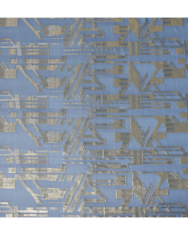 Dusty Blue Silver Gold Abstract Geometric Metallic Lurex Silk Chiffon Fabric 110 Cms Wide, Made in South Korea-D27528