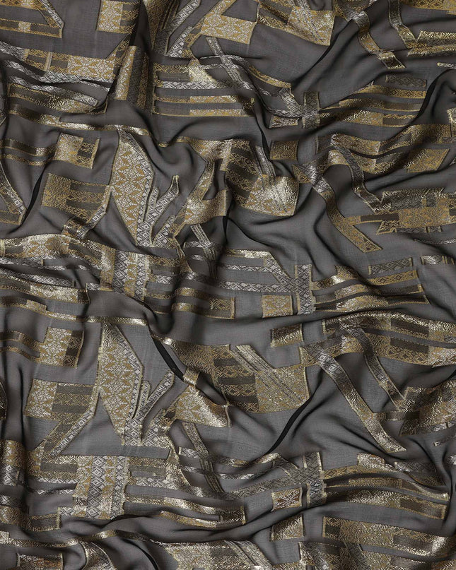 Black Gold Abstract Geometric Metallic Lurex Silk Chiffon Fabric 110 Cms Wide, Made in South Korea-D27524