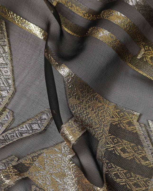 Black Gold Abstract Geometric Metallic Lurex Silk Chiffon Fabric 110 Cms Wide, Made in South Korea-D27524