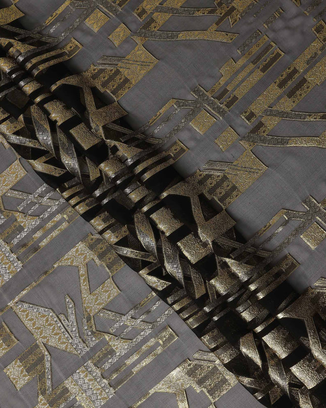 Black Gold Abstract Geometric Metallic Lurex Silk Chiffon Fabric 110 Cms Wide, Made in South Korea-D27524